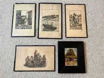 5pc Lot Of Signed Ink Drawings From Peru And/or Bolivia And Oil On Board Small Framed Painting 1920s