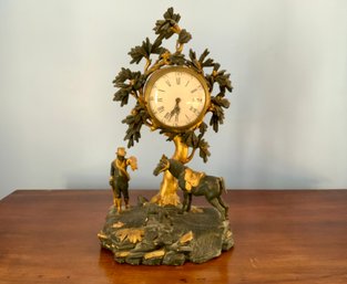 Antique Carved Wood And Enamel Mantel Clock With Hunt Scene, 19th Century