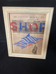 Graffiti Art 'SHOP' Banksy Inspired Stencil Design On 110 Year Old Newspaper In Vintage Glass Frame