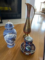 Assorted Vintage Oriental Decor (Urn, Cigarette Box, Pouring Vessel): Lot Of Three (3)
