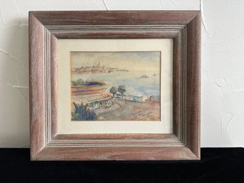 Watercolor Of Harbor Signed 'Regards From Tel Aviv' In Frame