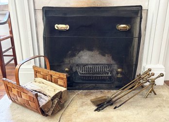 A Vintage And Antique Fireplace Assembly - Grate, Screen, Tools, Andirons And Wood Basket - WOW!