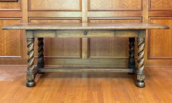 A Vintage Oak Trestle Based Writing Table Or Desk With Barley Twist Legs, Drexel Heritage Furniture