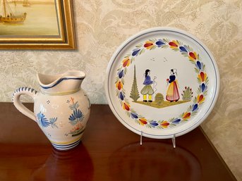 Vintage Henroit Quimper Pitcher & Cake Plate, Made In France