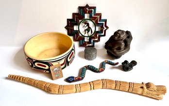 Vintage Mexican & South American Bowl, Snake Figurines, Windspinner & More