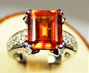 Fine Orange Spessartite Garnet Sterling Silver Ring Having White Stones Size 8