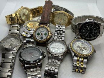 Large Grouping Of 9 Men's Wristwatches- Vintage From Various Makers