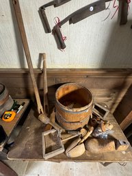 ANTIQUE FIRKIN W/ WOOD BUTTER PRESSES AND OTHER WOOD PRIMITIVES