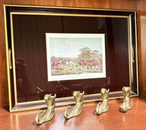 An Equestrian Julep Tray And Antique Brass Horse Head Coat Hooks