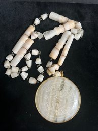 Vintage  Long And Large Sun God Carved White Onyx 2.25'  Disc On  24' Necklace No Issues