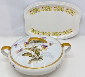 Vintage Noritake Joyce Pattern Covered Serving Bowl With Gold Accents & Kokura Ware Tray, Japan