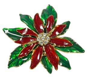 Vintage Gold Tone Enamel Rhinestone Poinsettia Flower Brooch