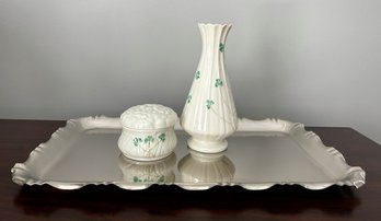 Vintage Belleek Covered Jar And Vase With Tray