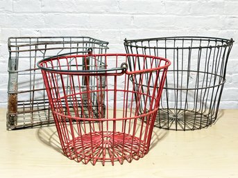 A Trio Of Metal Wire Baskets And Crates