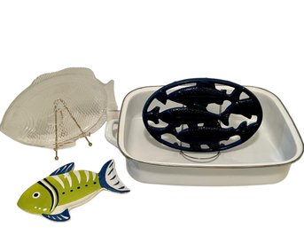 White Enamel Baking Dish & Fish Shaped Plates And Blue Trivet