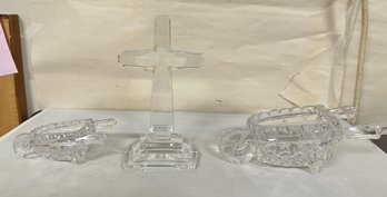 Vintage Towle Crystal Cross  Etched Made In Poland, Small And Large Crystal Collectible Wheelbarrow. KD - D4