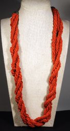 Coral Colored Micro Beaded Braided Necklace 26' Long