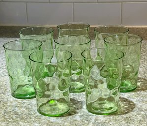 Eight Green Depression Glass Optic Thumbprint Dot Juice Tumblers-Hazel Atlas/Uranium?