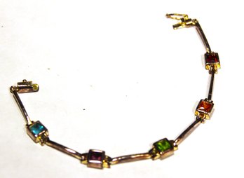 Sterling Silver 925 Gemstone Set Square Link Bracelet