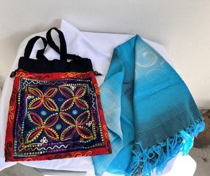 Beautiful Blue Scarf & Embroidered Purse
