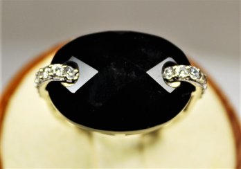 Size 9 Sterling Silver Black Onyx And White Stones Ladies Ring