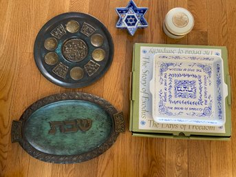 Jewish Lot Of Five (5): Matzah Tray, Chanukah Trinket Tray, Ceramic Menorah Keepsake Box, Hebrew Text Trays