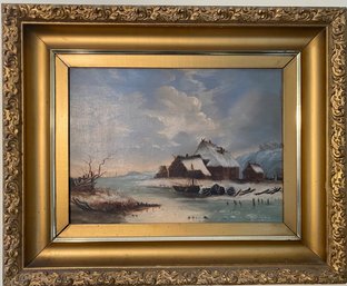 Antique Oil On Canvas, Snowy Landscape, Unsigned In Gilt Frame