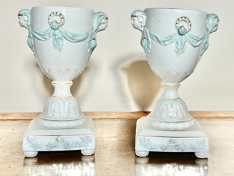 Pair Of  Mid 20th Century Hand Painted Porcelain Pedestal Cups/urns, Likely European