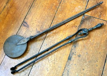 An Antique Hand-Forged Waffle Or Pizelle Iron And A Pair Of Fireplace Tongs