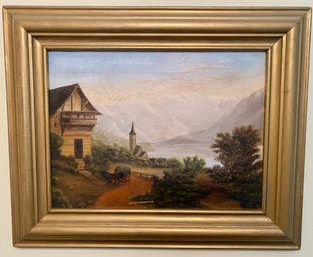 Antique Oil On Canvas, European Village Scene, Unsigned