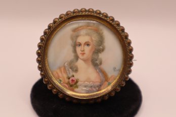 Antique Hand Painted On Porcelain Portrait Brooch With 'C' Clasp Artist Signed