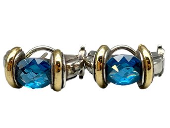 Pair Of Vintage 18k Gold , Sterling And Blue Topaz? Earrings.