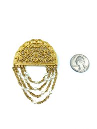 Vintage Signed Monet Filagree 'demilune' Brooch With Faux Pearl Accented Swags