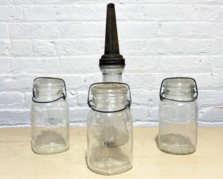 Assorted Ball Jars And Antique Motor Oil Spout