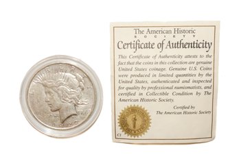 1922 Peace Dollar With COA In Round Acrylic Case