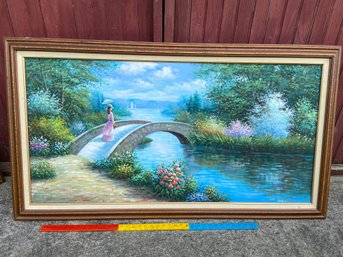 Signed Badall Original Woman Bridge Waterscape Painting 54x30 Framed