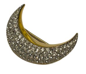 Gold Tone Crescent Moon Rhinestone Brooch Pin