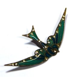 Vintage 1980s French Glossy Enamel W Rhinestones Large Bird Brooch