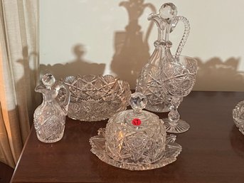 FOUR CUT CRYSTAL PIECES INCLUDING A DECANTER