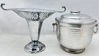 Mid Century Modern Hammered Aluminum Ice Bucket With Lid, Italy & Vintage Metal Vase