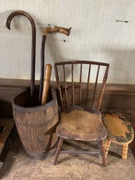 GROUP LOT OF CANES, BILLY CLUBS, ANTIQUE BARREL, ANTIQUE CHAIR