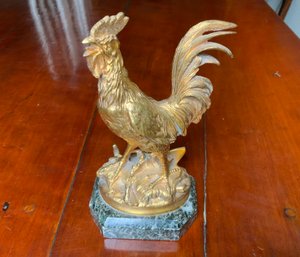 Antique Gold Gilt Rooster Cock Signed Sculpture