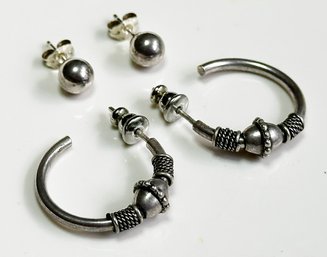Two Pair Sterling Silver Earrings - Hoops And Studs