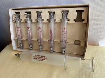 Vintage Glass Interchangeable Syringes, Five McKesson Robbins 5 CC & One Becton Dickinson & Co. 30 CC