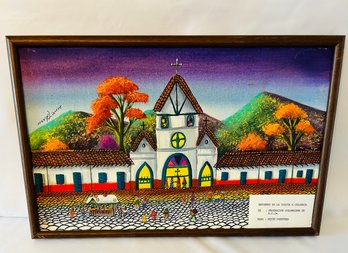 Framed Columbian Church Artwork - Appears To Be Handmade, Signed