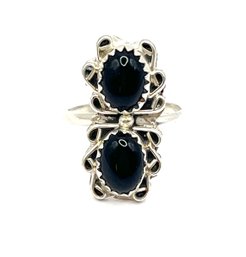 Vintage Sterling Silver Double Onyx Color Ornate Ring, Size 4