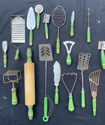 Lot Of Mixed Kitchen And Baking Accessories With Green Handles