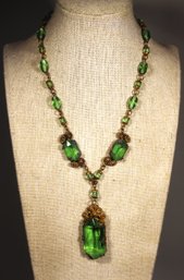 Czech. 1920s Gilt Brass And Glass Fancy Drop Pendant Necklace In Green