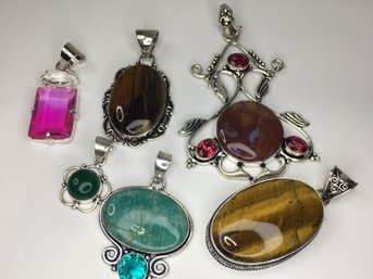 Fantastic Group Of Six (6) 925 / STERLING SILVER Pendants With Gemstones - Various Sizes - NICE LOT - WOW !