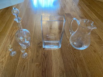 Cool Clear Glass Lot Of Three (3): Vintage Decanter, Rectangular Vase, Pitcher (Made In Romania)